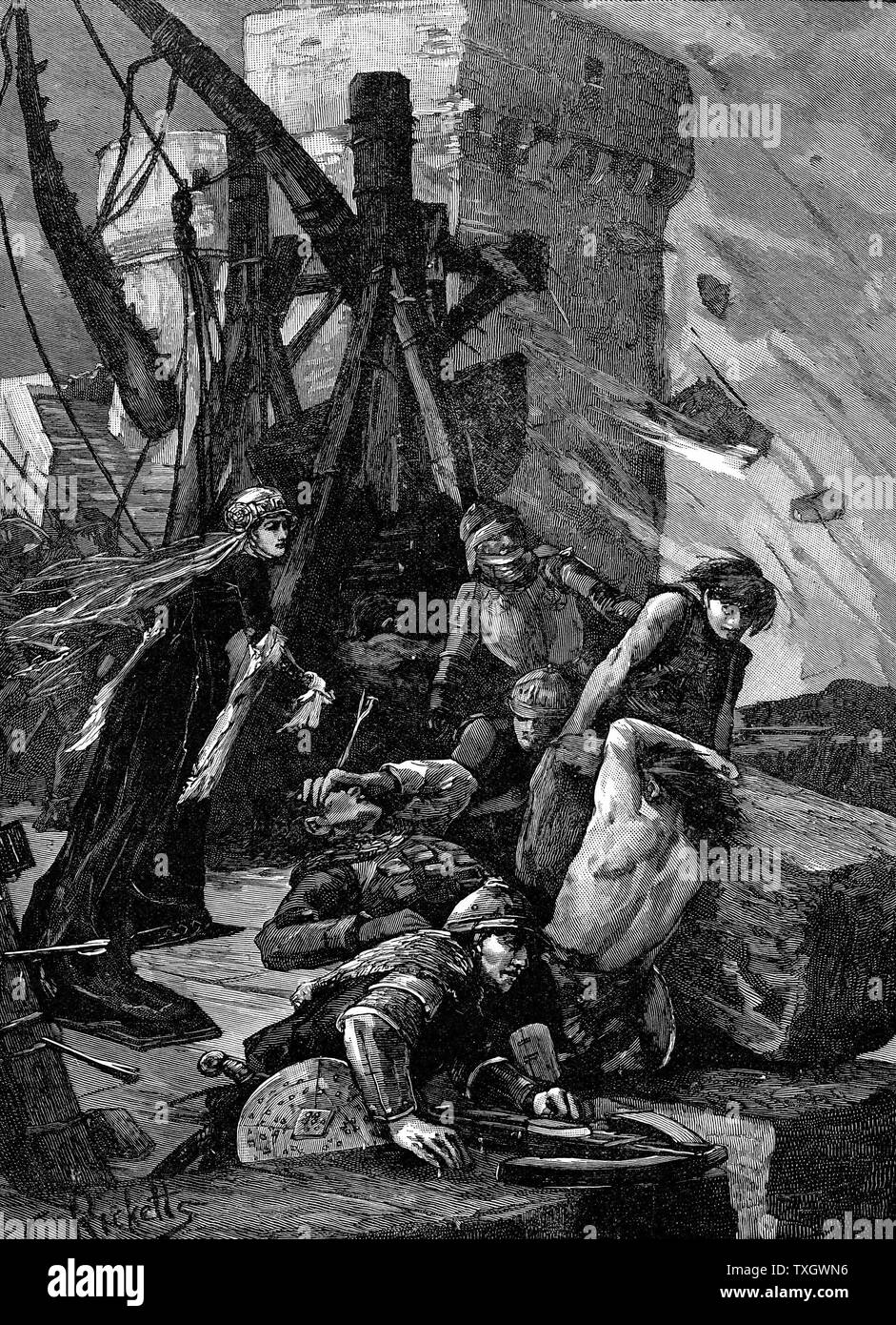 Agnes Comtesse de Mars (1312 ?-1369) appelée Black Agnes, défendre Dunbar Castle, Scotland, contre les Anglais commandés par le comte de Salisbury, 1338, lorsque son mari se sont rebellés contre les Anglais fin du 19e siècle, la gravure sur bois Banque D'Images Agnes Comtesse de Mars (1312 ?-1369) appelée Black Agnes, défendre Dunbar Castle, Scotland, contre les Anglais commandés par le comte de Salisbury, 1338, lorsque son mari se sont rebellés contre les Anglais fin du 19e siècle, la gravure sur bois Banque D'Images