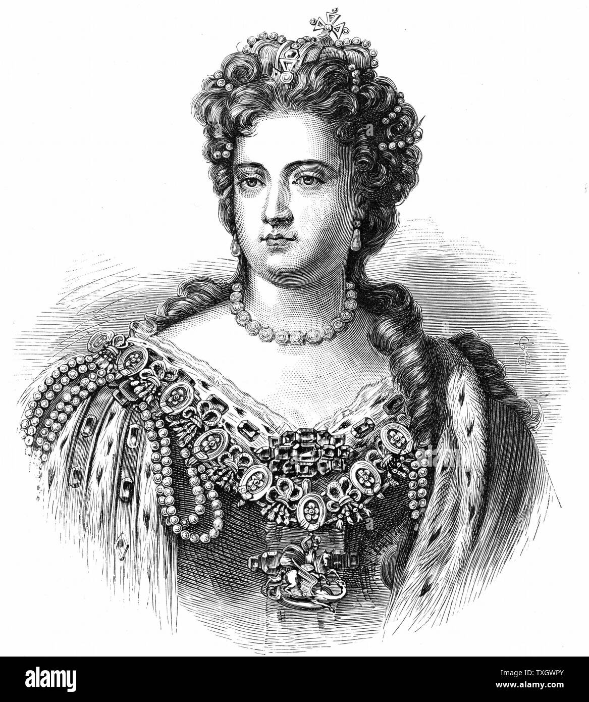 Anne (1665-1714), reine de Grande-Bretagne et d'Irlande de 1702. Deuxième fille de Jacques II et sœur de Marie II 1880 gravure sur bois Banque D'Images