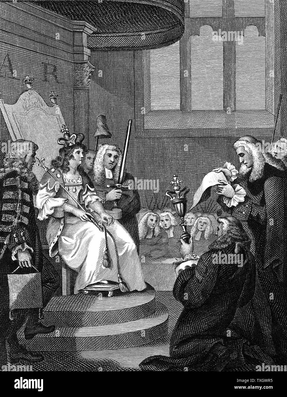 Anne (1665-1714), reine de Grande-Bretagne et d'Irlande de 1702. Deuxième fille de Jacques II et sœur de Marie II de l'Acte de l'Union entre l'Angleterre et l'Écosse lire avant de la reine Anne en 1707 1826 gravure sur cuivre Banque D'Images