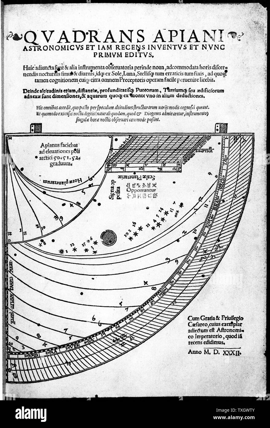 Petrus Apianus Peter Apian (1495-1552) mathématicien et astronome. Page de titre de son 'Quadrans' Apiani, 1532, montrant son quadrant inventé récemment Banque D'Images