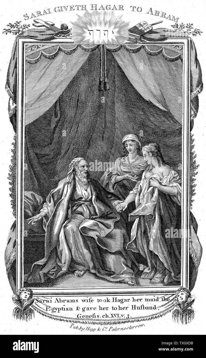 Sarah, la femme d'Abraham, d'être stérile, sa servante Agar offre à son mari. Résultat de l'Union européenne était Ismaël dont le nom est venu à signifier un proscrit la "Bible" en Genèse 16:3. c1804 gravure sur cuivre Banque D'Images