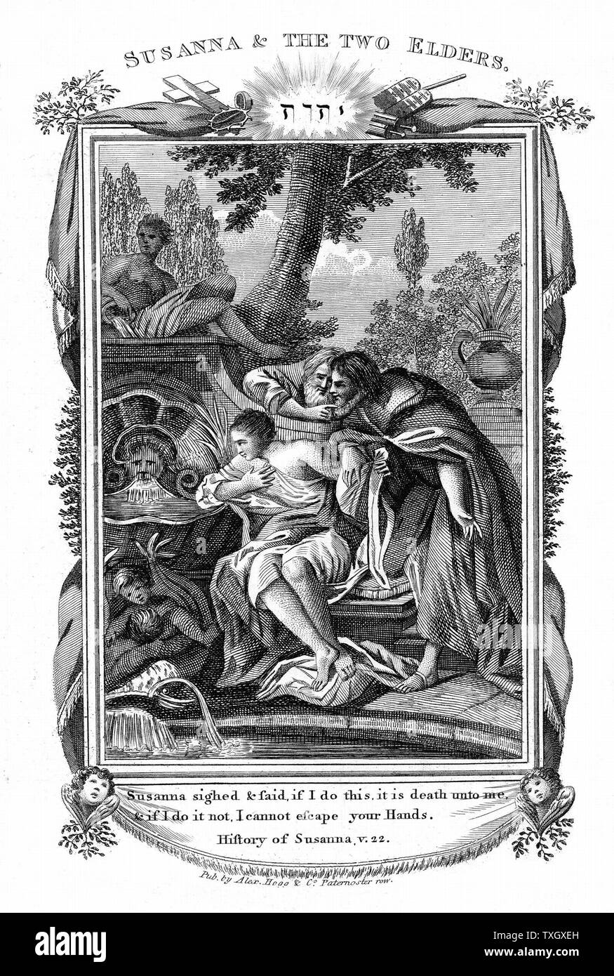 Susanna rejetant des avances de l'Anciens. Accusé par eux de la fornication et condamné à mort. Sauvée par Daniel qui a prouvé leurs histoires fausses. "Bible" Susanna 5:22. La gravure sur cuivre c1804 Banque D'Images