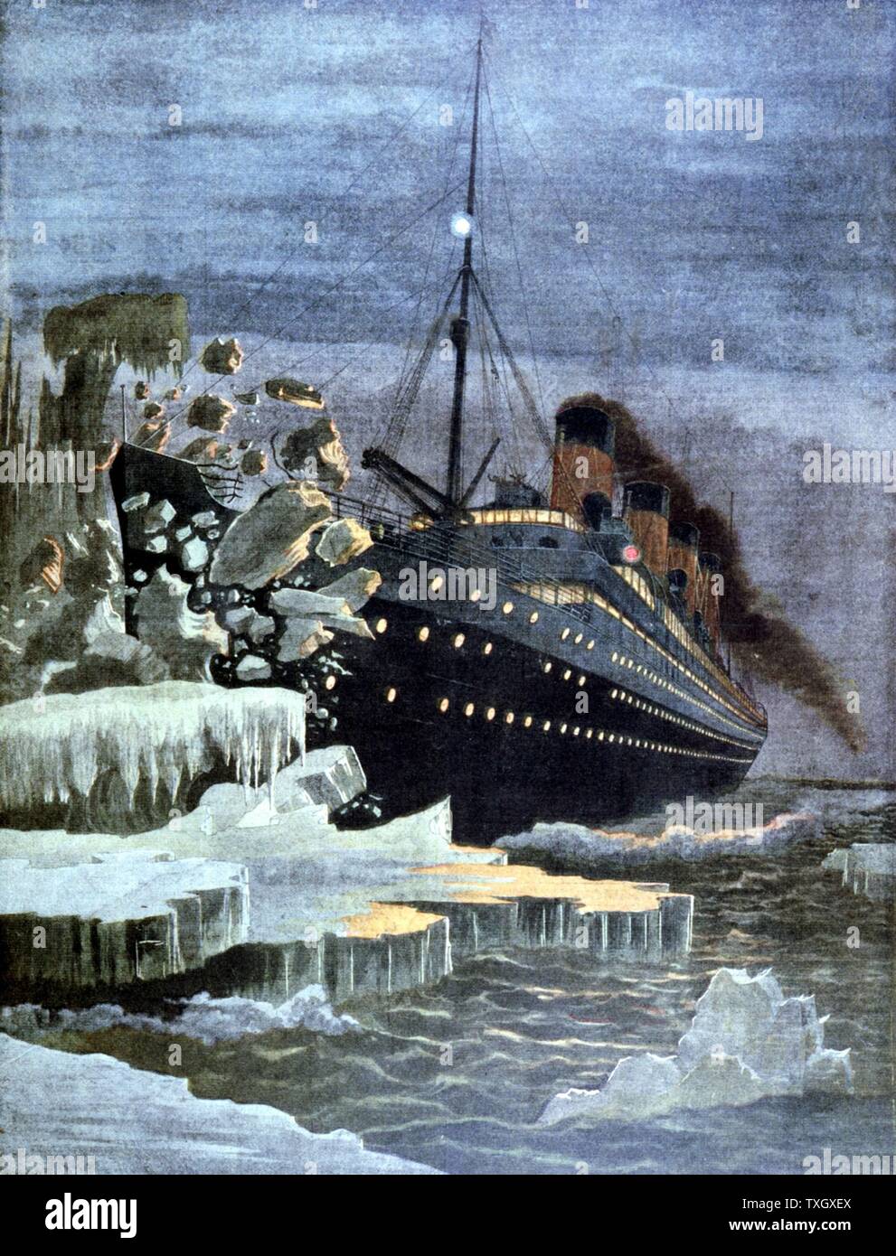 SS Titanic en collision avec un iceberg 14 Avril 1912 28 avril 1912 à partir de 'Le Petit Journal' Paris exploité par la White Star Line, SS Titanic a heurté un iceberg dans un épais brouillard au large de Terre-Neuve. Il était le plus grand et le plus luxueux paquebot de son époque, et de la pensée d'être insubmersible. Dans la collision cinq de ses compartiments étanches ont été compromis et il coule. Des 2228 personnes à bord, seules 705 ont survécu. L'une des principales causes de la perte de la vie est le nombre insuffisant de canots de elle est adoptée. Banque D'Images