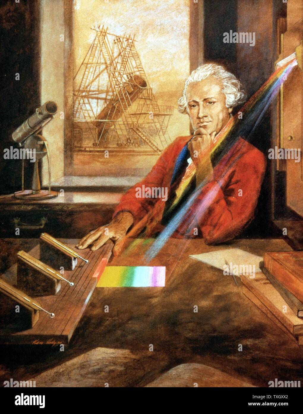 William Herschel (1738-1822) astronome anglais d'origine allemande enquête sur le chauffage de l'infra-rouge (publié 1800) en arrière-plan est de 40 pieds d'Herschel télescope reflétant la reconstruction de l'artiste Banque D'Images
