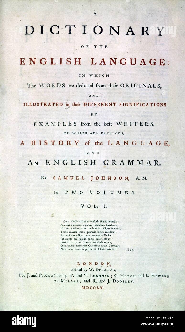 Samuel Jackson Johnson (1709-84), lexicographe anglais écrivain et critique. Page de titre de Johnson's 'Dictionary de la langue humaine' London 1755 Banque D'Images