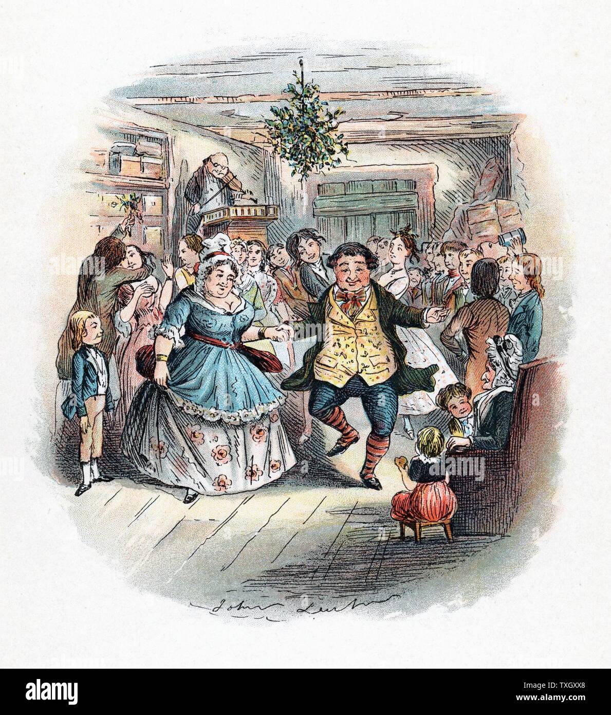 M. Fezziwig's Ball, illustration par John Leech pour "un chant de Noël" de Charles Dickens. Cette nouvelle a été la plus ancienne et la plus populaire de Dickens' histoires de Noël. Scène de la fin du livre montre jollity et de bonhomie, avec fiddler (violoniste) de jouer pour les danseurs. S'embrasser sous le gui, à gauche, et la décoration du plafond suspendu d'evergreen sont vestiges de rites d'hiver pré-chrétien de Londres 1843 Banque D'Images