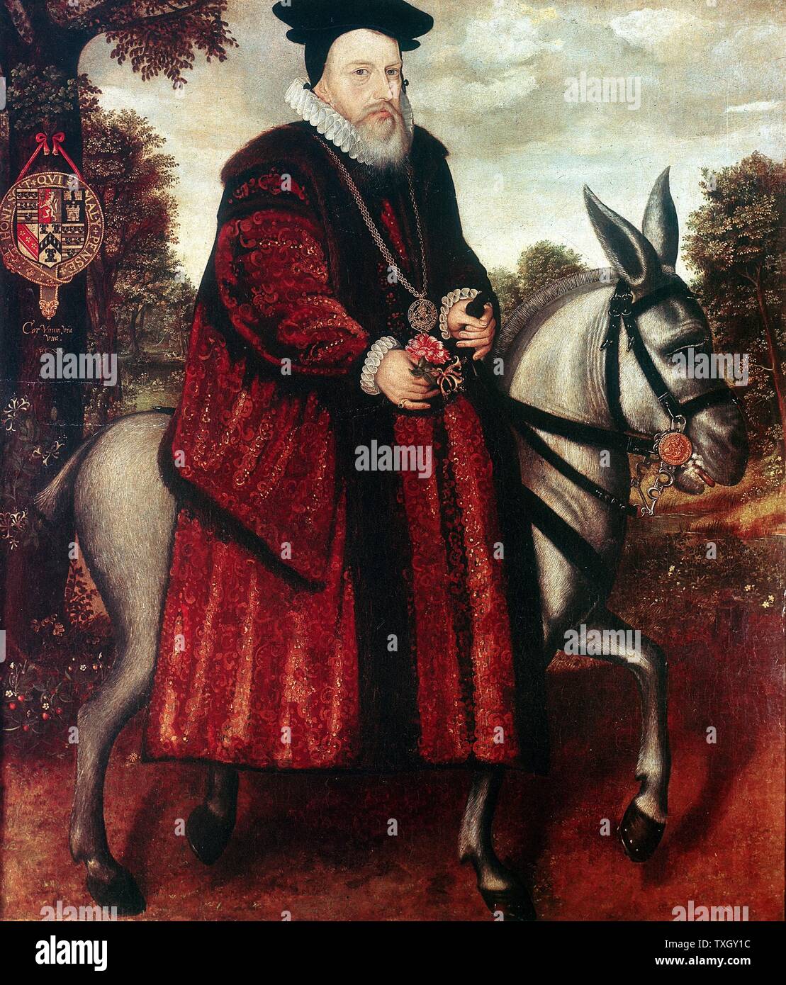 William Cecil, 1er baron Burghley (1520-98) d'État anglais, secrétaire en chef d'état d'Elizabeth I de 1558 Cecil en robe cramoisie équitation une mule blanche Banque D'Images