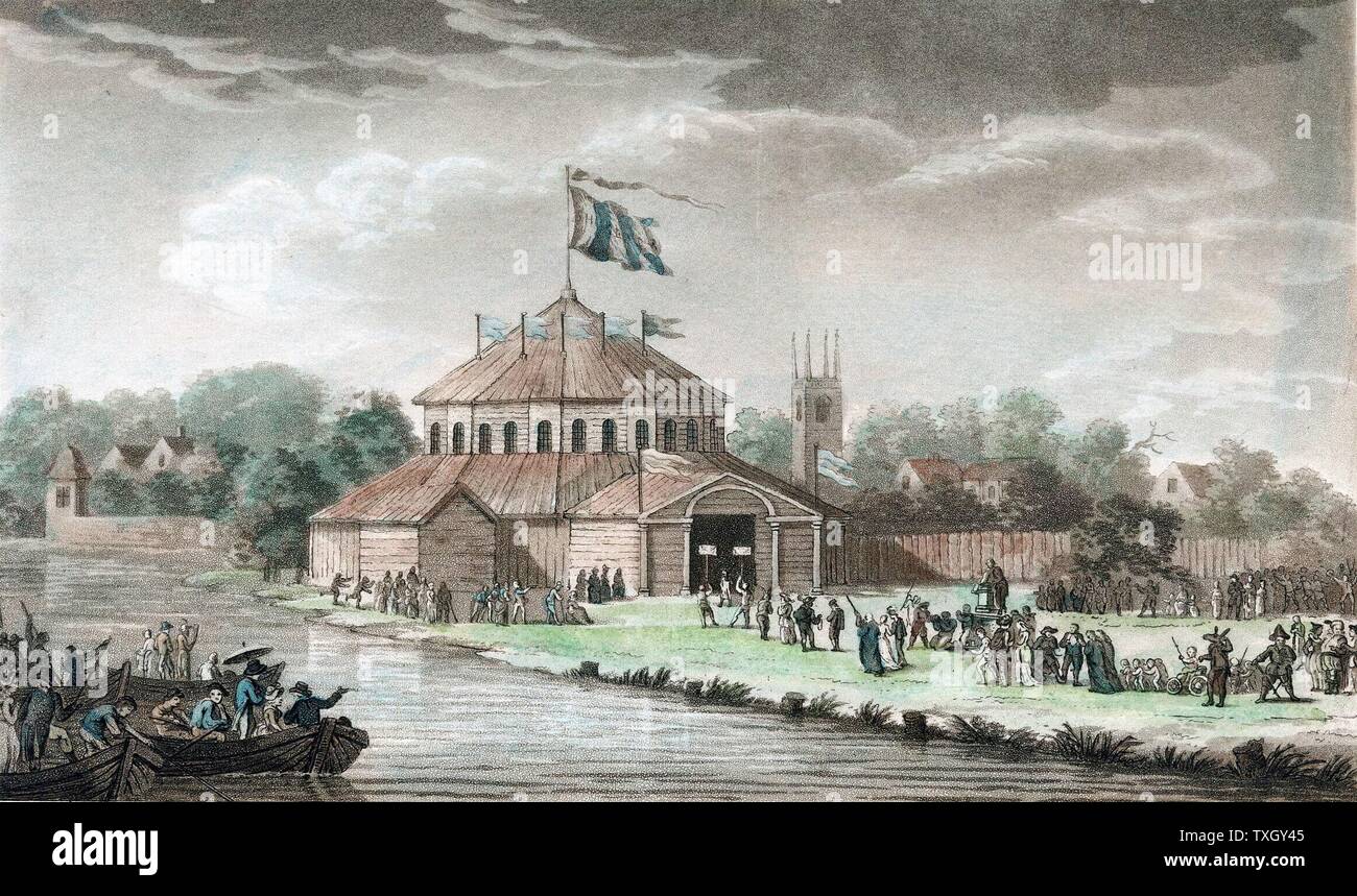 Jubilé de Shakespeare, Stratford-upon-Avon, 6-8 septembre 1769 organisé par le grand acteur anglais David Garrick (1717-79), montrant pavillon en bois érigée par Avon et célébrations en cours de 1795 aquatinte Banque D'Images