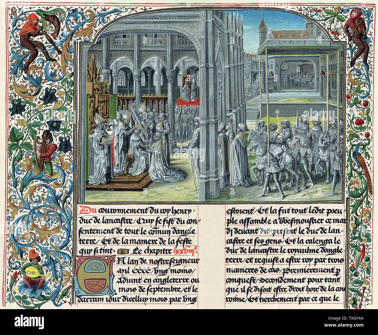 Henry IV (1367-1413) Premier roi Lancastre de l'Angleterre de 1399, fils de Jean de Gand, connu sous le nom de Henry Bolingbroke à partir de la naissance dans le Lincolnshire. Couronnement à Westminster. Les hommes jouent des instruments de musique dans les bordures de feuillage lumineux, fleurs et oiseaux après 15e siècle manuscrit de Froissart Banque D'Images