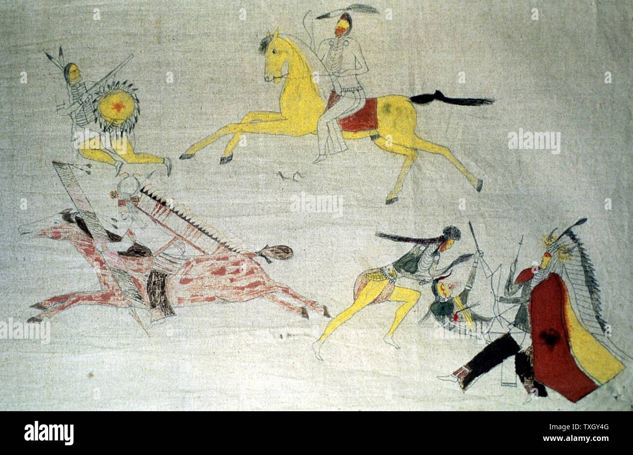 Des guerriers Sioux dans la bataille. Dakota du nord-américain, les Indiens des Plaines c.1890 Peinture sur de la mousseline non blanchie Chicago Field Museum Banque D'Images