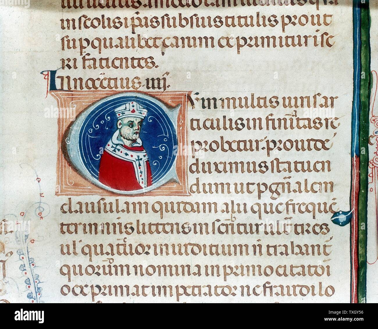 Le pape Innocent IV (1243-1254) Né Sinibaldo Fieschi. La croyance en la papauté de dominion universelle se sont affrontés avec l'objectif de Frédéric II d'élargir le pouvoir impérial en Italie au détriment de l'église. L'inscription à partir de la lettre initiale du manuscrit Bodleian Library, Oxford Banque D'Images