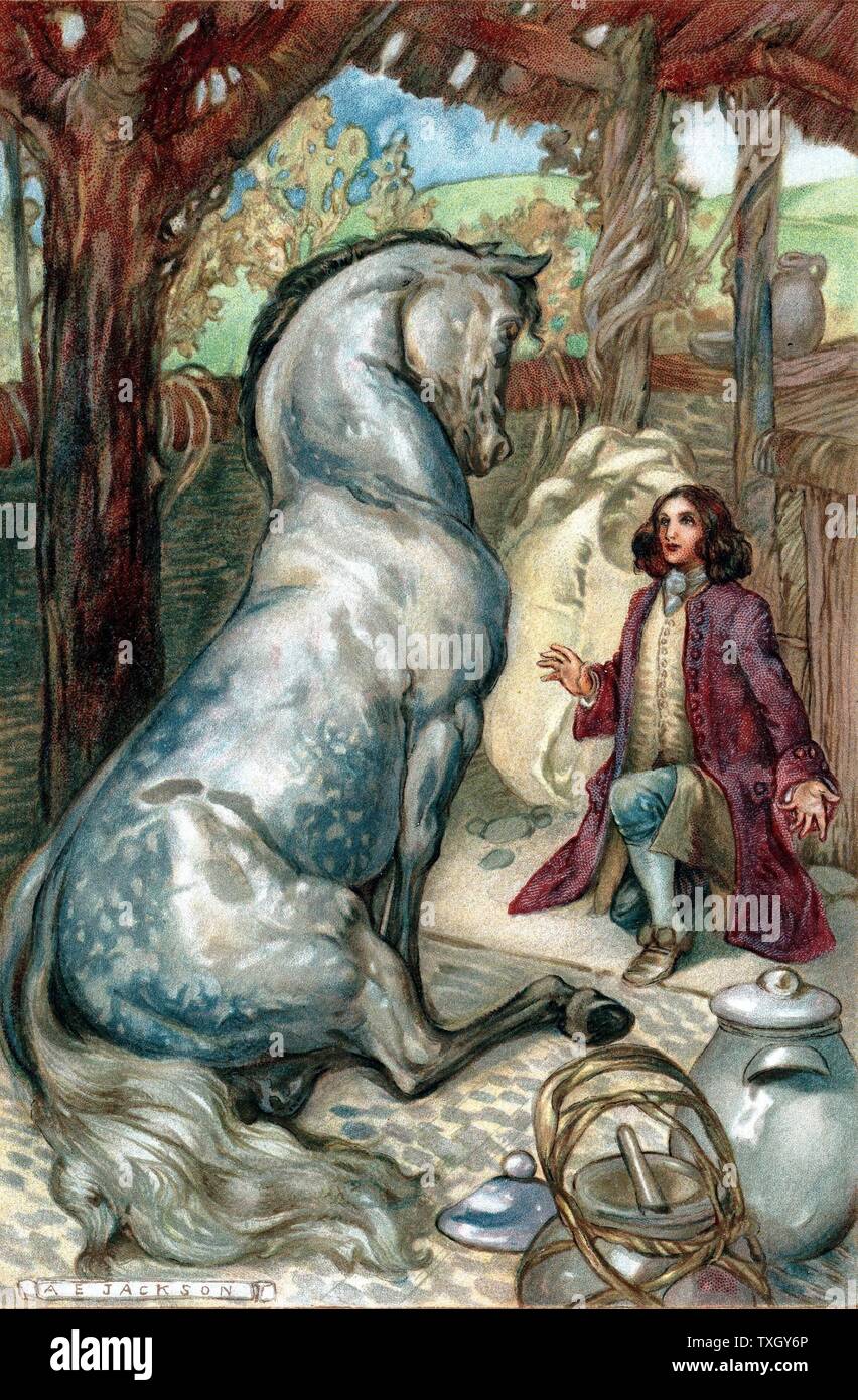 Lemuel Gulliver, mis à terre après une mutinerie, se trouve lui-même en royaume de l'Houyhnhns. Il traite de l'humanité avec son maître. Chromolithographie de édition de Jonathan Swift 'les voyages de Gulliver' ('voyages dans plusieurs pays du monde, en quatre parties, par Lemuel Gulliver..') 1911 publié pour la première fois New York 1726 Banque D'Images