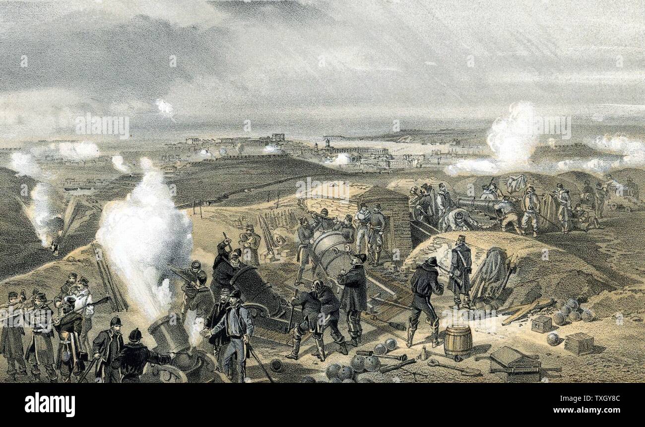 Guerre de Crimée 1853-6 : siège de Sébastopol, octobre 1854 à septembre 1855. 'Une journée chaude dans les batteries", scène de l'une des batteries des alliés qui assiègent la ville, montrant 13 pouces et 10 pouces de mortiers et de canons de siège-train à partir de la Brigade navale 1855 Lithographie teintée après W Simpson Banque D'Images Guerre de Crimée 1853-6 : siège de Sébastopol, octobre 1854 à septembre 1855. 'Une journée chaude dans les batteries", scène de l'une des batteries des alliés qui assiègent la ville, montrant 13 pouces et 10 pouces de mortiers et de canons de siège-train à partir de la Brigade navale 1855 Lithographie teintée après W Simpson Banque D'Images