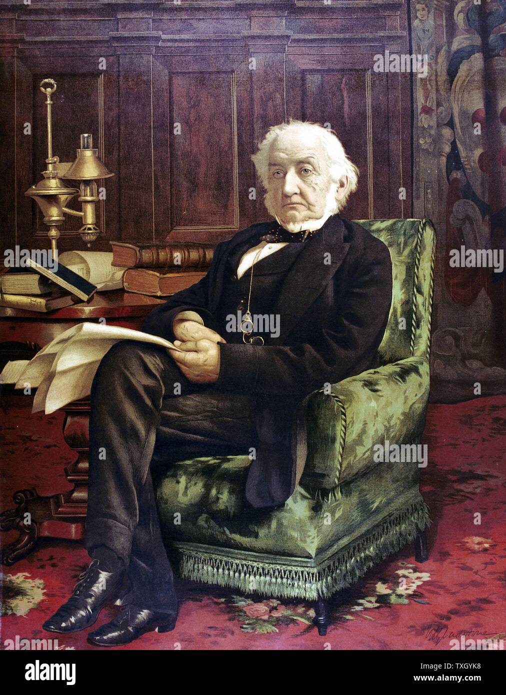 William Ewart Gladstone (1809-98) comme un vieil homme assis dans son étude. Homme d'État libéral britannique. Oleograph publié c1890 Banque D'Images