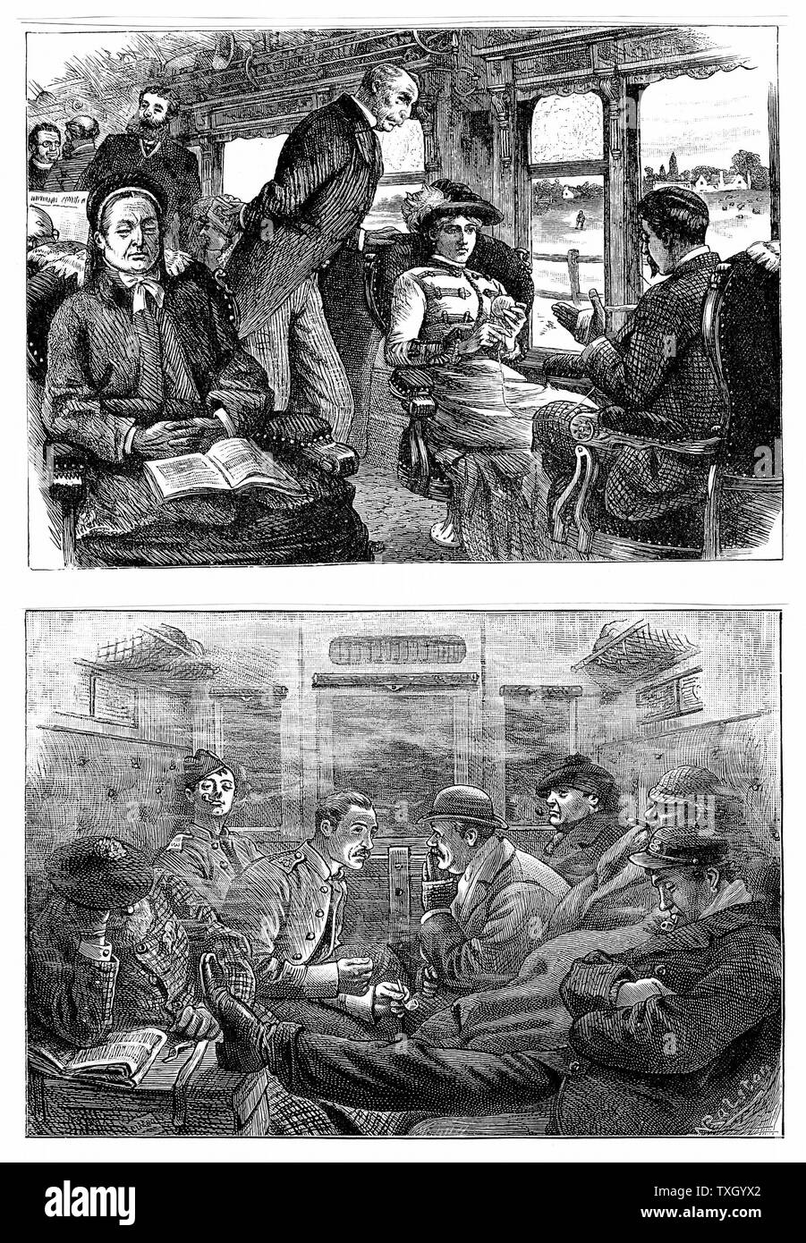 Les passagers d'un train de Londres à Glasgow. Top : comme il se doit (chambres confortables et bien ordonné). Bas : Qu'il est bondé (et fumé). La gravure sur bois 1884 Banque D'Images