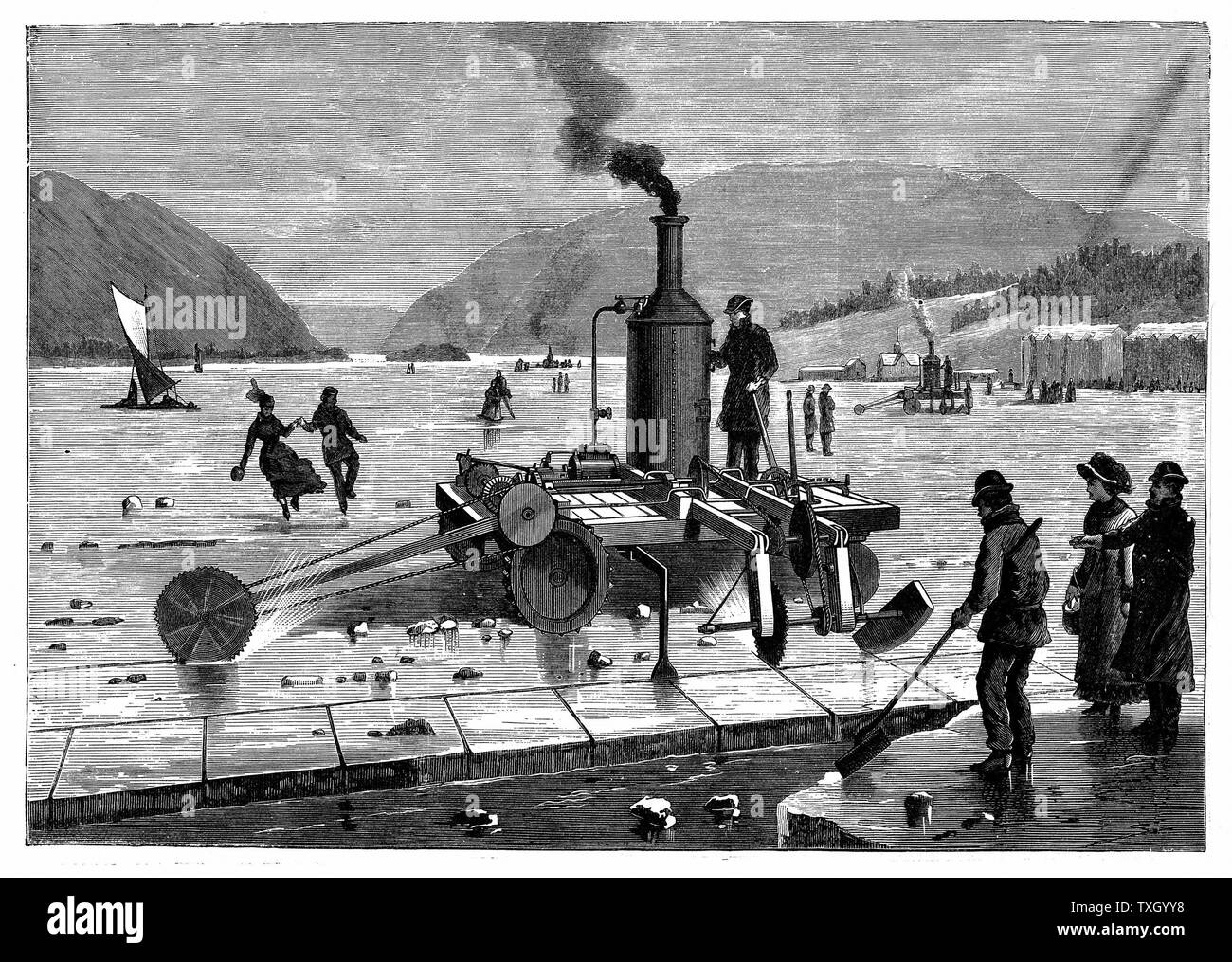 Découpage de la glace sur le fleuve Saint-Laurent, Canada, à l'aide d'une scie à vapeur. En arrière-plan sur la droite sont isolés cabanes utilisée pour stocker la glace pour l'été . La gravure sur bois de Londres 1894 Banque D'Images