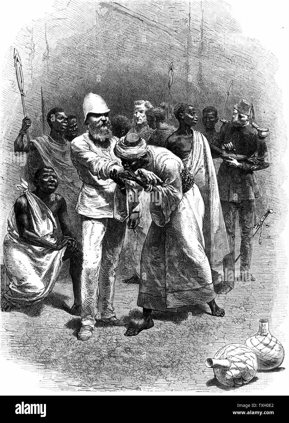 Samuel White Baker (1821-1893) Explorateur anglais et militant anti-esclavagiste, ce pacte de sang avec le roi Rionga lors de son commandement de l'expédition montée par Khédive d'Egypte pour supprimer l'esclavage près de Nyanza Albert, 1872. La gravure sur bois de Londres c.1880 Banque D'Images