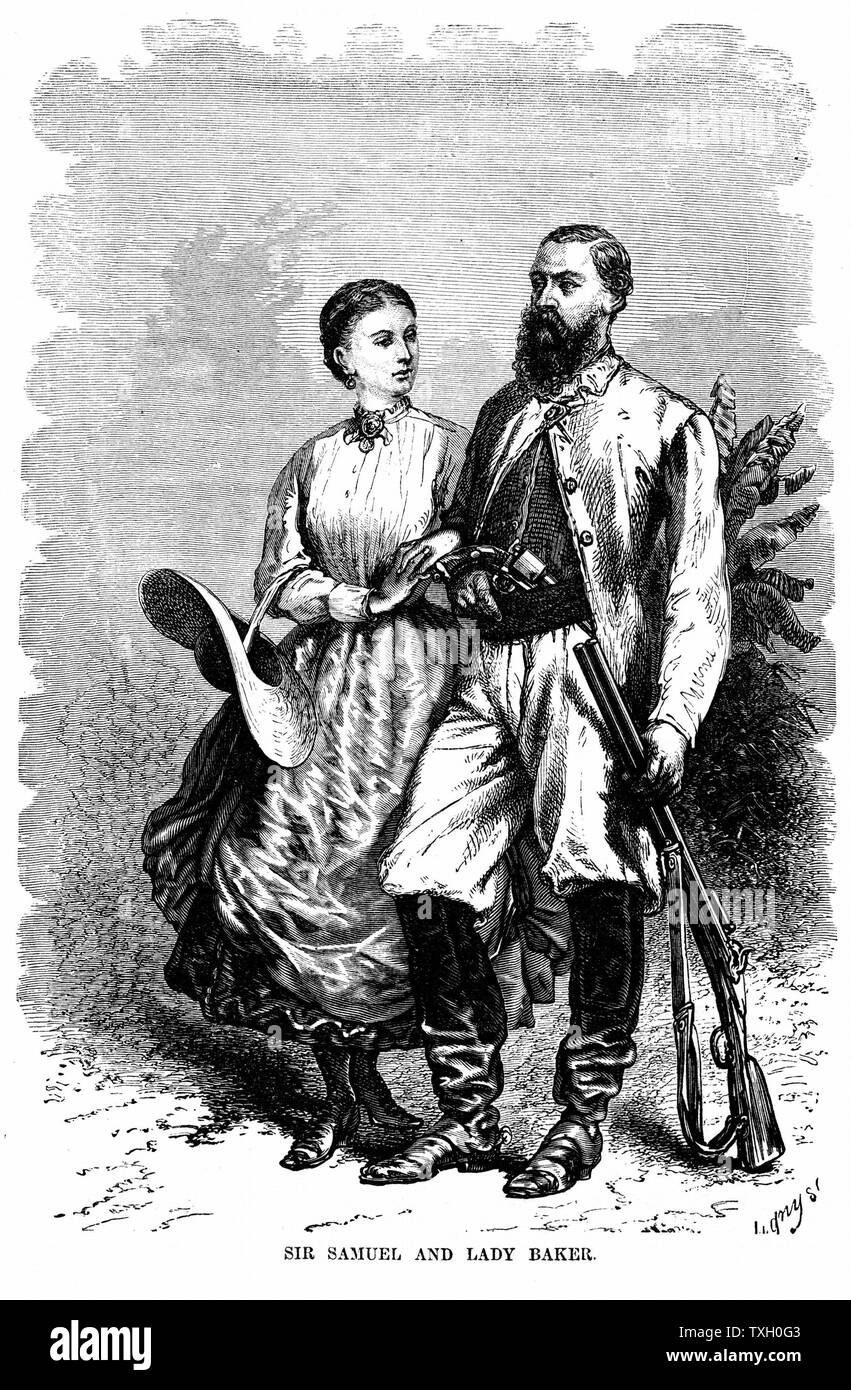 Samuel White Baker (1821-93) et de l'explorateur anglais militant anti-esclavagiste, avec son épouse Florence d'origine hongroise qui a accompagné dans ses voyages en Afrique. La gravure sur bois à partir de "l'enregistrement" New York 1874 Banque D'Images