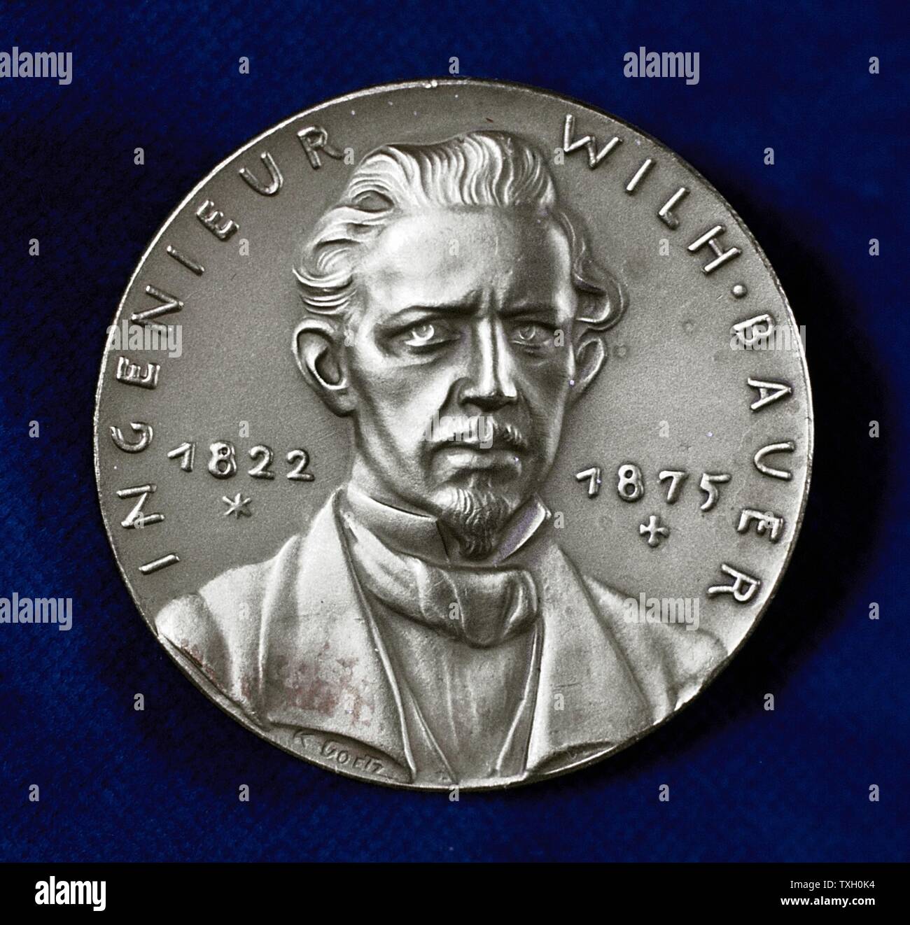 (Sébastien) Wilhelm (Valentin) Bauer (1822-75) l'inventeur allemand et pioneer constructeur de sous-marins. Médaille commémorative de l'avers Banque D'Images