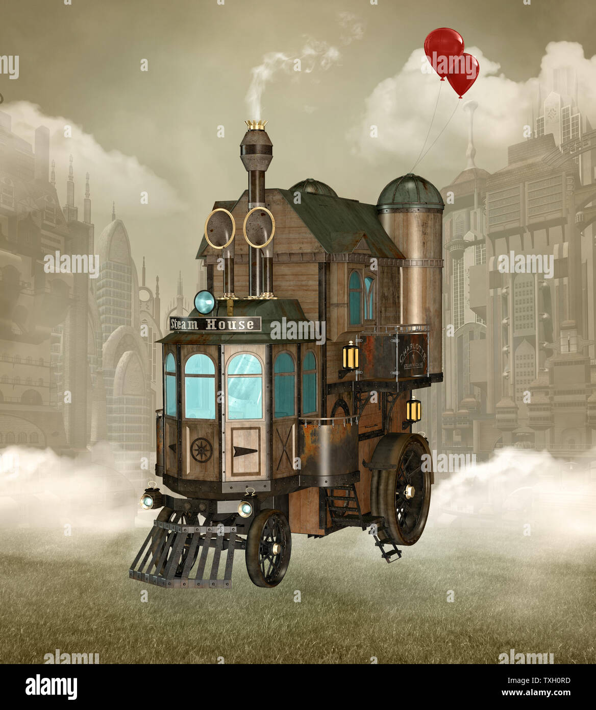 Steampunk bizarre fumeurs sur un chariot d'horizon brumeux scenery Banque D'Images