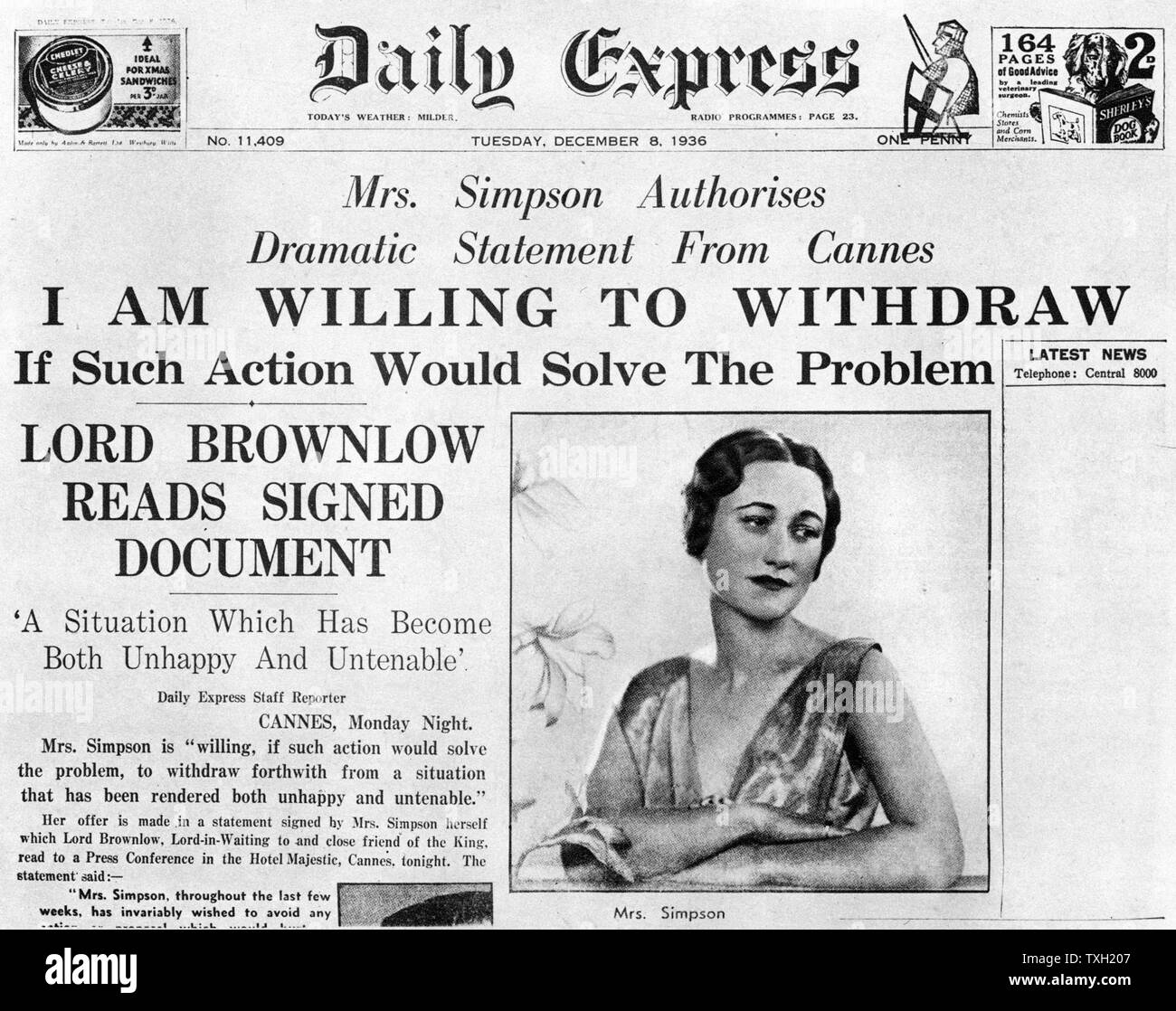 Mme Simpson propose à 'Retirer', 8 décembre 1936. L'article en première page du 'Daily Express' à propos de American socialite Wallis Simpson (1896-1986). Mme Simpson la relation avec le roi Édouard VIII (1894-1972) a mené à son abdication. Banque D'Images