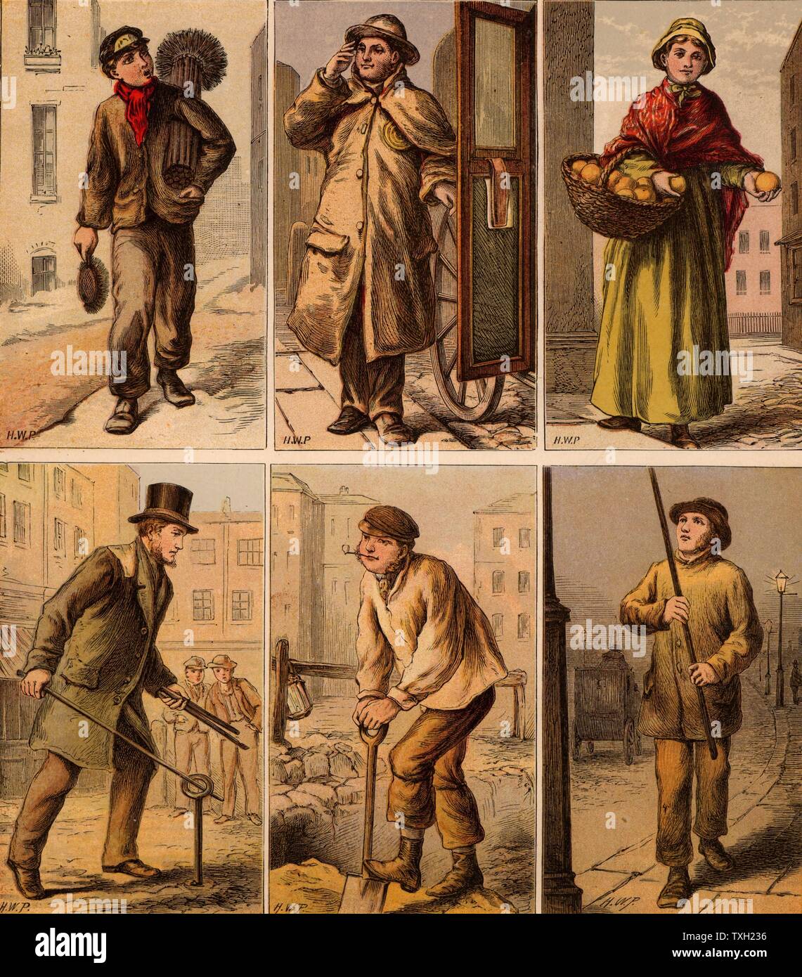 Scènes de rue de Londres. Ramoneur garçon : chauffeur de taxi : Orange Vendeur : Conseil de l'eau d'un robinet tournant l'homme : creuser vers le haut de la route : un gaz d'éclairage Lamplighter lampe de rue. Illustrations par Horace William Petherick (1839-1919) pour un livre pour enfants publié Londres c1875. Chromolithographie. Banque D'Images