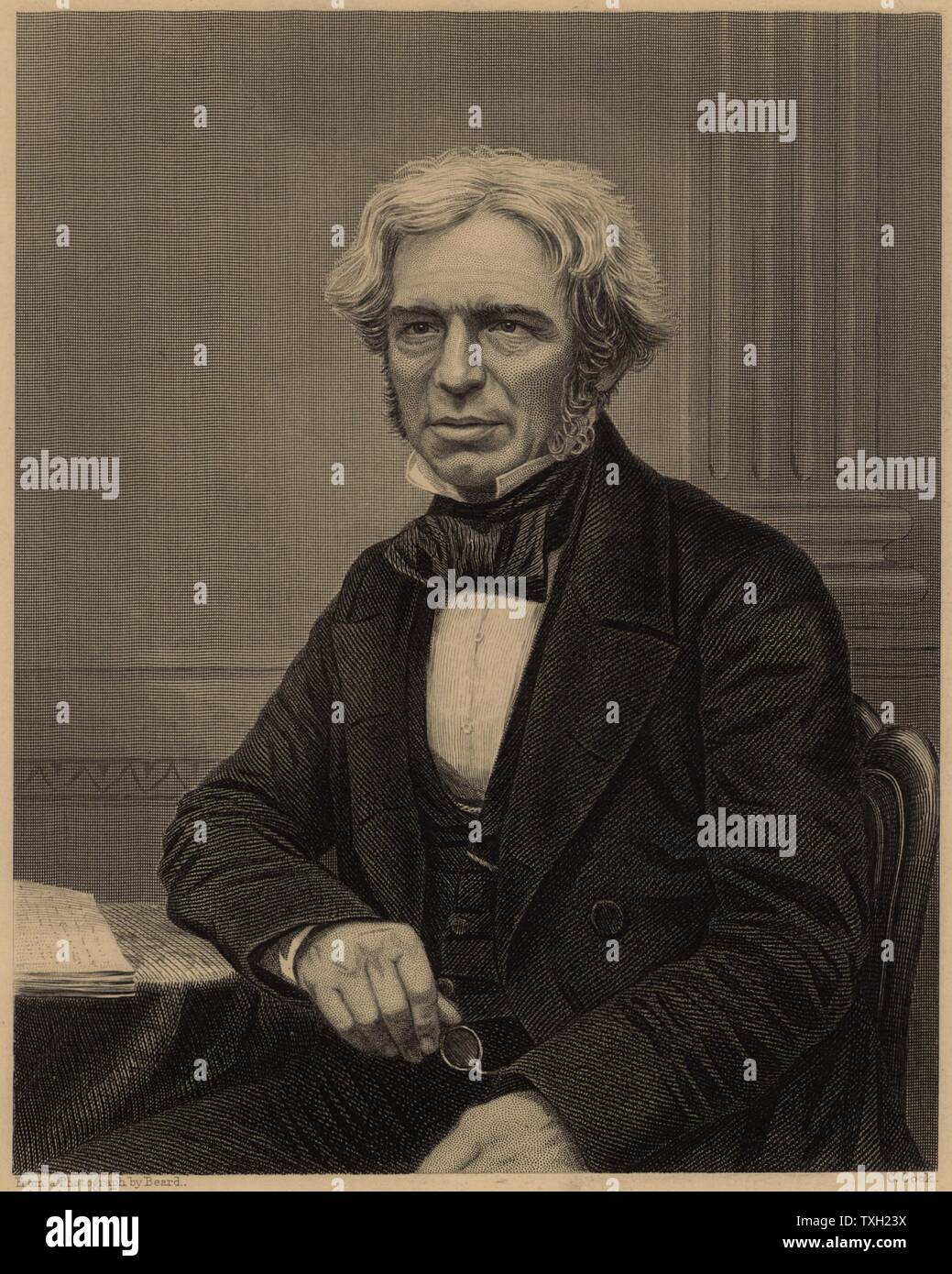 Michael Faraday (1791-1867) chimiste et physicien anglais. En 1813, devient assistant de laboratoire à Humphry Davy à la Royal Institution de Londres. En 1833, il succède à Davy comme professeur de chimie à la RI. De James Sheridan Muspratt "Chimie" (Londres, c1860). La gravure. Banque D'Images