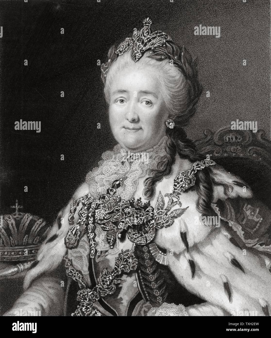 Catherine II la Grande (1729-1796), impératrice de Russie. À partir de 'La galerie de portraits', Vol VII, par Charles Knight (Londres, 1837). La gravure. Banque D'Images