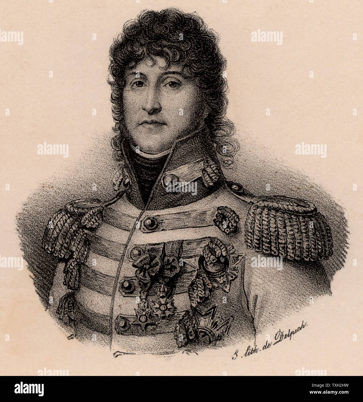 Joachim Murat (1767-1815) soldat français. Créé roi de Naples en 1808. Il a épousé la sœur de Napoléon Bonaparte Caroline. Il a contribué à la victoire de Marengo, Austerlitz, Iéna et Eylau. Après la défaite finale de Napoléon, il a été traduit en cour martiale et fusillé. Lithographie c1830. Banque D'Images