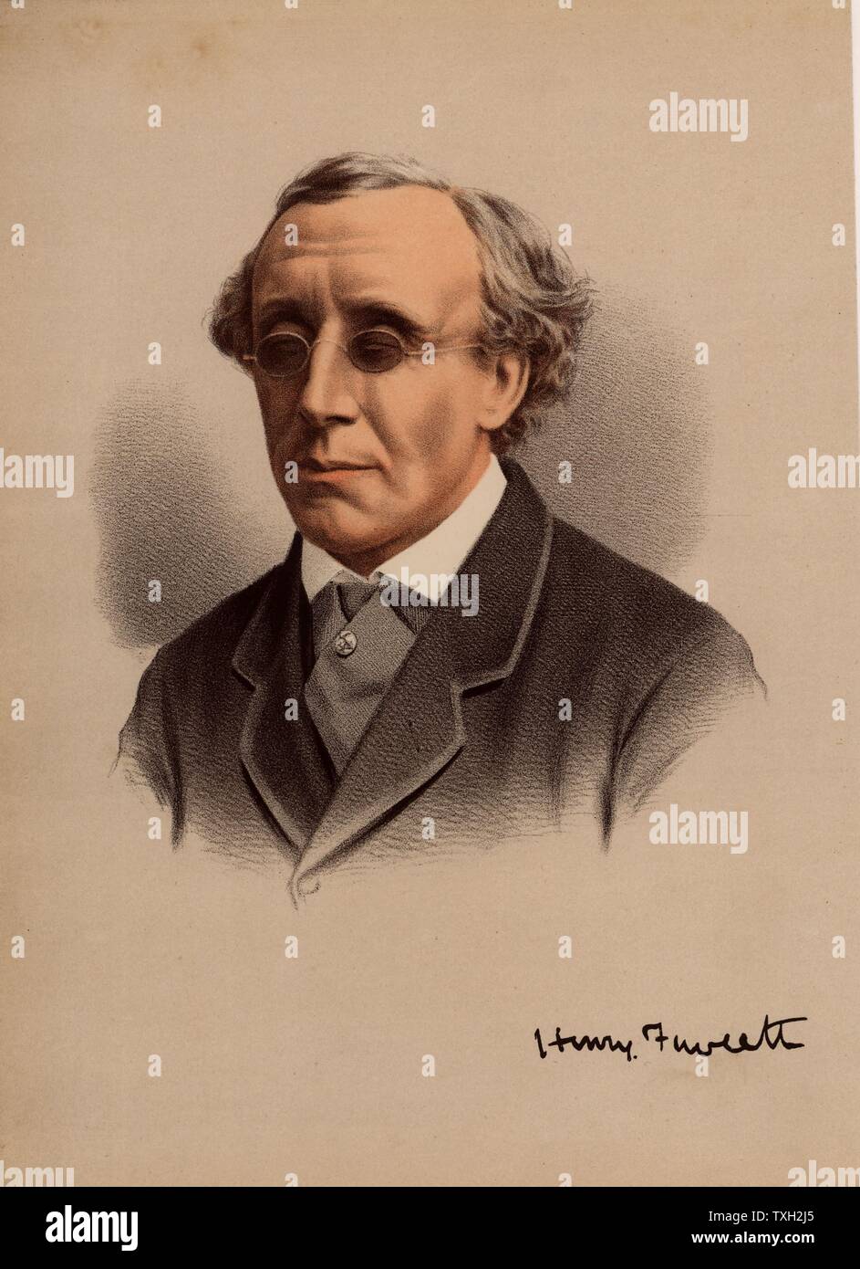 Henry Fawcett (1833-1884), homme politique et économiste français, né à Salisbury, Wiltshire. Maître-général (1880-1884), il a présenté le colis postal en 1882. Aveuglé dans un accident de tir en 1858. À partir de 'Le National Portrait Gallery" (Londres, c1880). Lithographie teintée. Banque D'Images