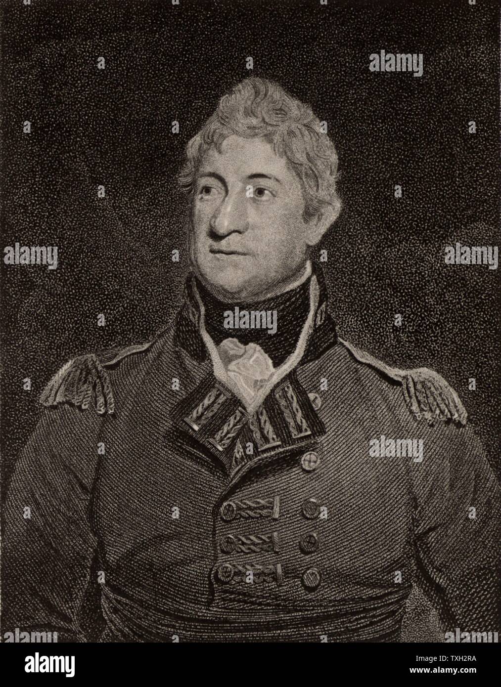 Thomas Picton (1758-1815) soldat anglais. Dans la campagne péninsulaire, il commande la division "Lutte contre" en Espagne (1810) et se distingua à Busaco, Fuentes de Onoro, Badajoz, et Vittoria. Il fut gravement blessé à Quatre Bras et est mort menant ses hommes de charger à Waterloo. Gravure de crépi) 'histoire des guerres occasionnés par la Révolution française...' par CH Gifford (Londres, 1817). Banque D'Images