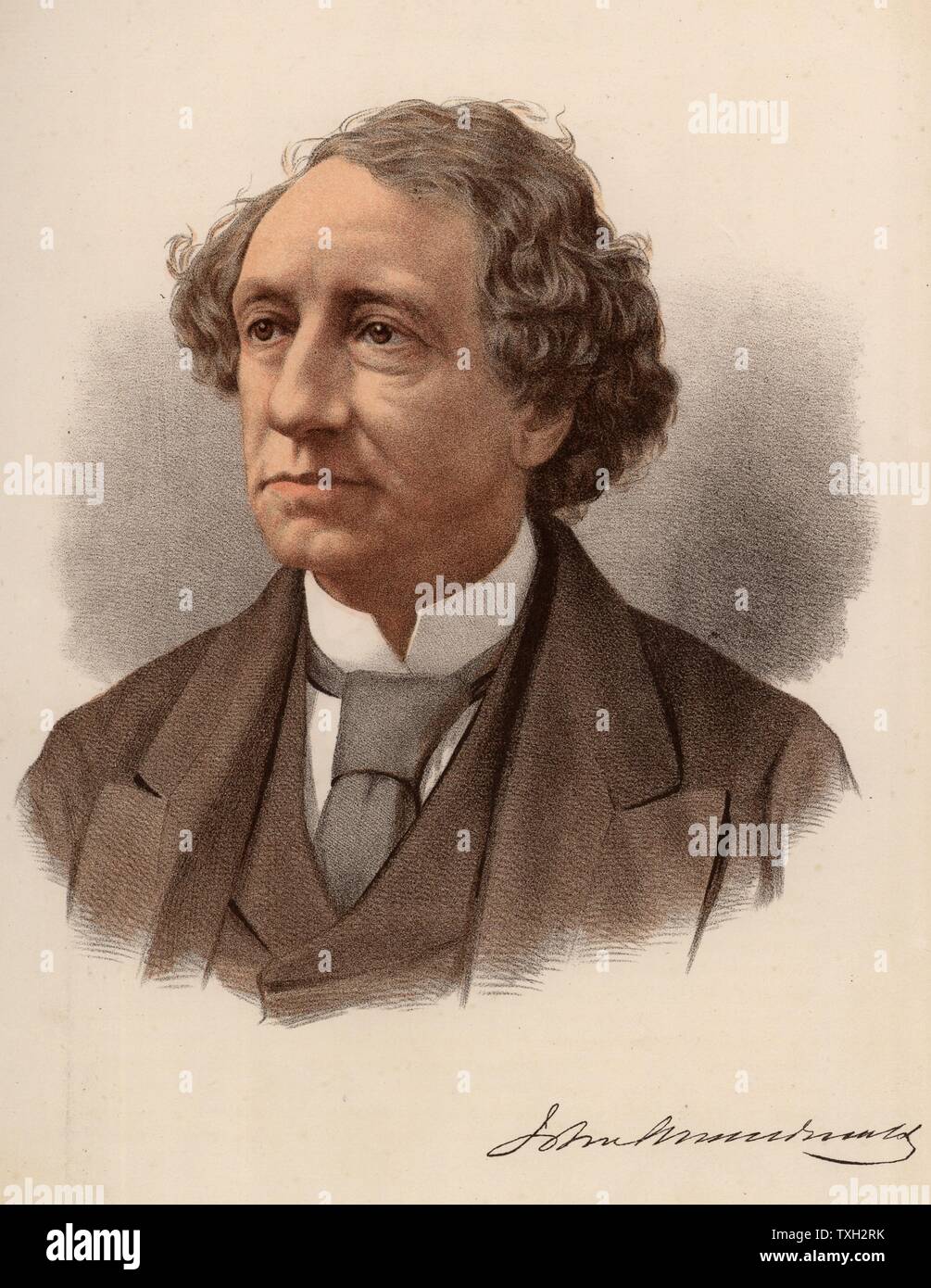 John Alexander Macdonald (1815-1891) Homme d'État canadien, né à Glasgow, en Écosse, il émigre au Canada avec sa famille en 1820. Le premier Premier ministre du Canada (1867-1873), il a servi un deuxième mandat (1878-1891). À partir de 'Le Musée du portrait moderne' (Londres, c1880). Lithographie teintée. Banque D'Images