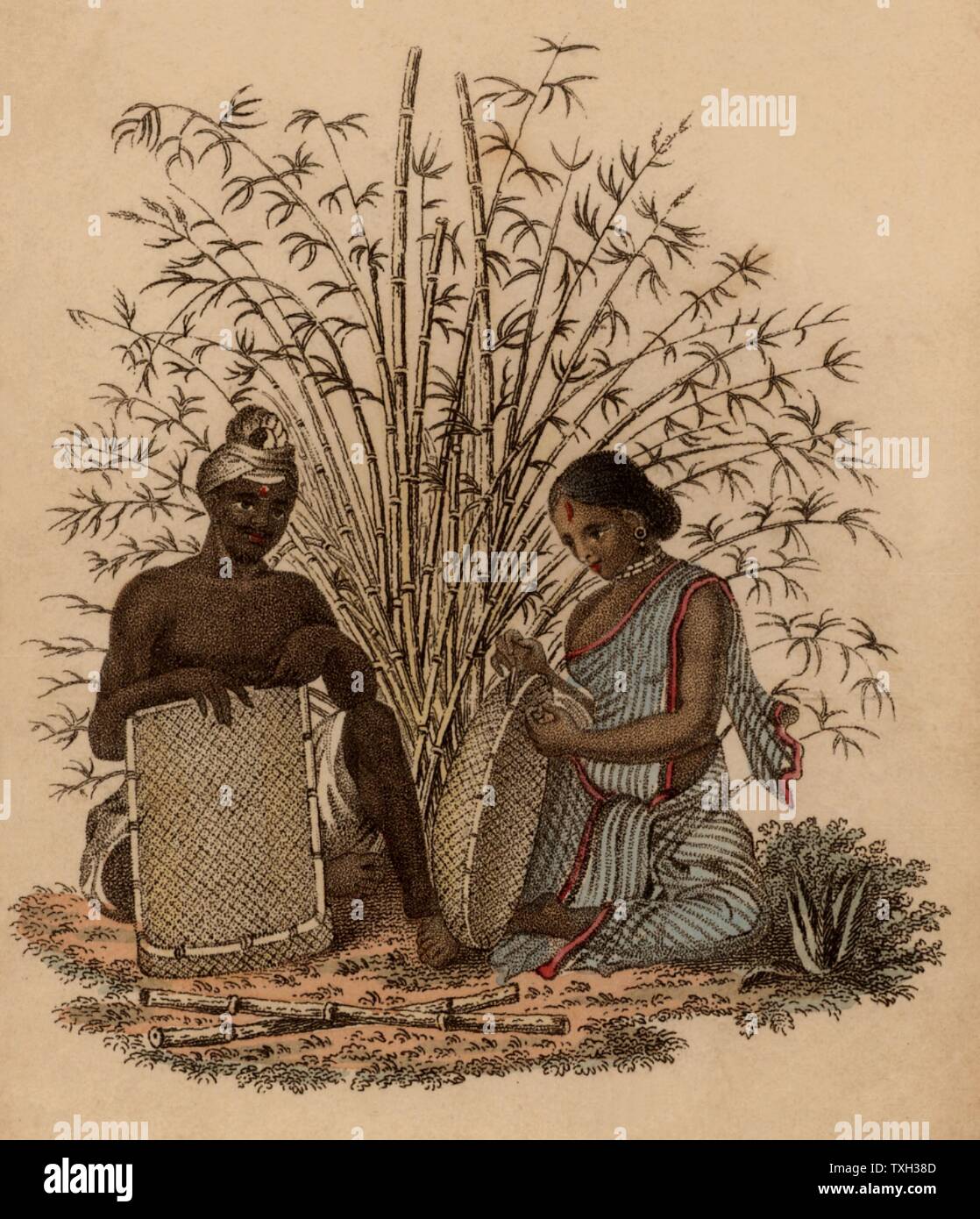 Panier indien et sa femme au travail. À la main, gravure publiée Rudolph Ackermann, Londres, 1822. Banque D'Images