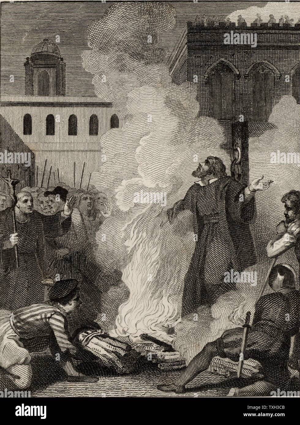Thomas Cranmer (1489-1556), prélat protestant anglais, Archevêque de Canterbury. Brûlé sur le bûcher à Oxford sous le règne de la Reine Catholique Marie pour avoir refusé de reconnaître la juridiction papale. À partir de 'l'histoire de l'Angleterre impériale' par Theophilus Camden (Londres, 1832). La gravure. Banque D'Images