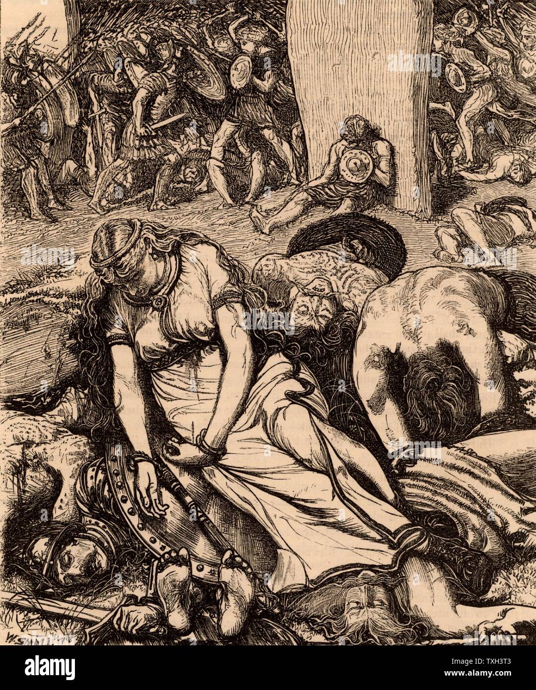 (Boadicea Boudicca) xxie siècle la reine des Iceni après sa défaite. Accablé par les Romains en vertu de Suétone, Boudicca est dit avoir pris le poison. L'emplacement de la bataille n'est pas connue, mais certains pensent qu'il est susceptible d'avoir été à la jonction de la Fosse Way et Watling Street dans le Leicestershire, Angleterre. La gravure sur bois c1870. Banque D'Images