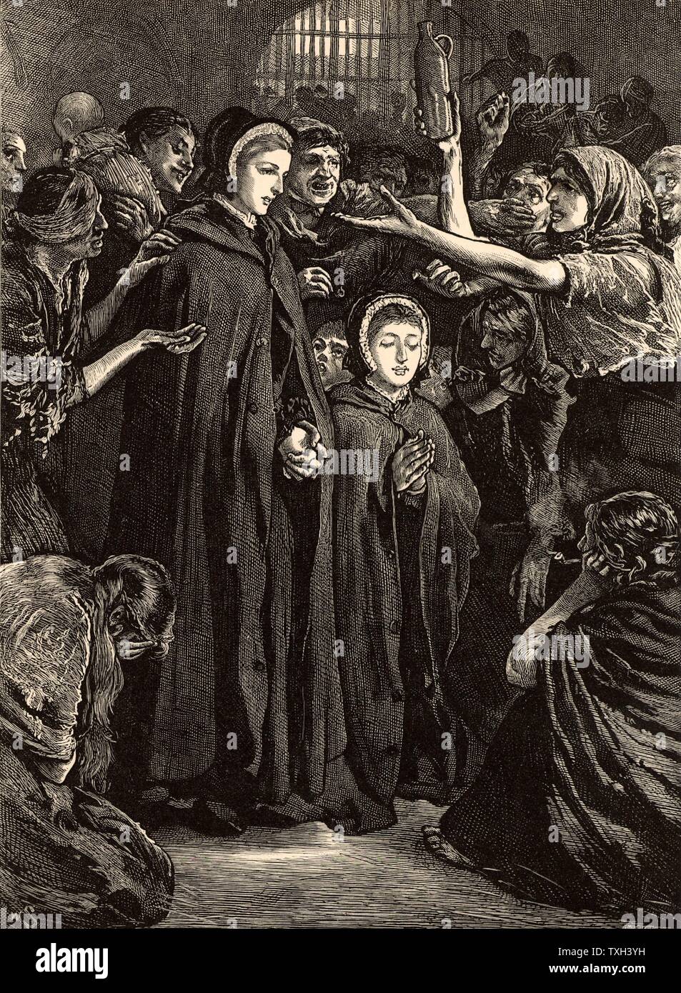 Elizabeth Fry (né Gurney - 1780-1845) Français Société des Amis (Quakers), réformateur de la prison avec Anna Buxton, visitant les prisonnières dans la prison de Newgate, Londres, 15 février 1813. Gravure tirée de 'héros de la Grande-Bretagne dans la guerre et la paix' par Edwin Hodder (Londres, c1880). Banque D'Images