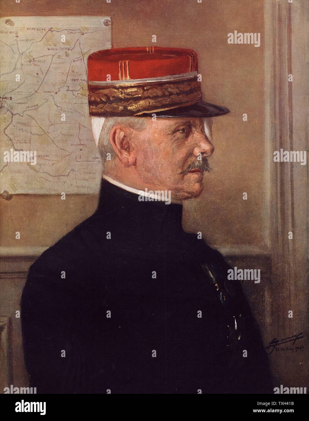 Général Michel-Joseph Maunoury (1847-1923) Officier de l'artillerie française. Rappelé de sa retraite en août 1914 au début de la Première Guerre mondiale. Maunoury en juillet 1915. En mars, il avait été gravement blessé, et d'une balle dans l'œil, terminant sa carrière active. Banque D'Images