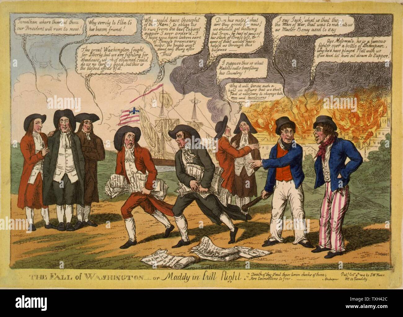 La guerre anglo-américaine 1812-1815 (Guerre de 1812). James Madison, quatrième président des États-Unis, et peut-être John Armstrong son secrétaire de la guerre, fuyant Washington, 24 août 1814 au cours de la tentative britannique de brûler la ville Cartoon Banque D'Images