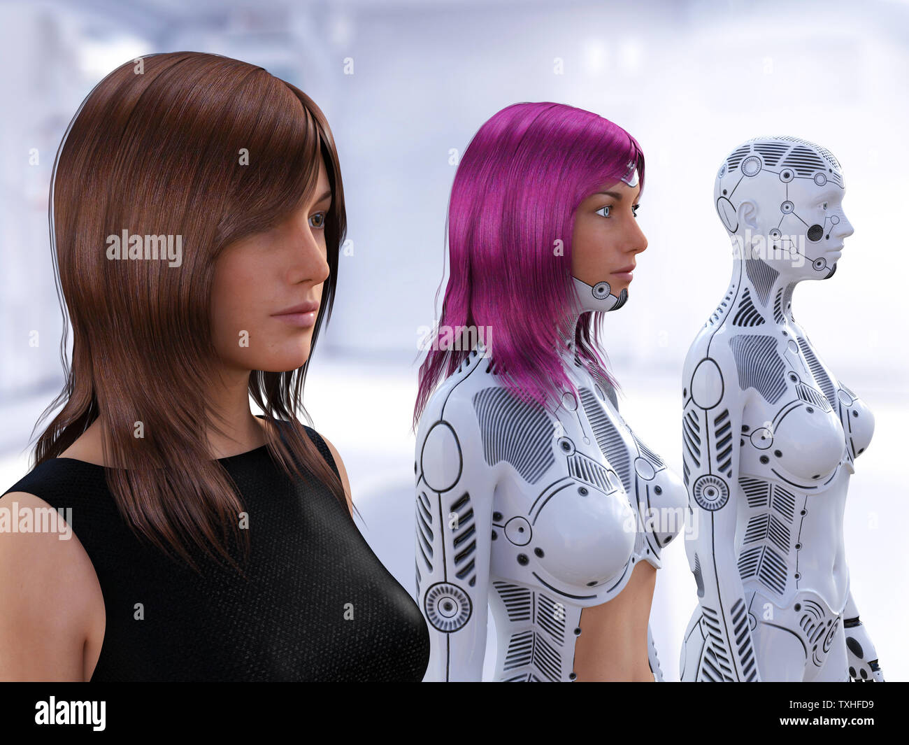 Le rendu 3D de trois femmes à différents stades de l'évolution des robots. Concept de la technologie du robot. Banque D'Images