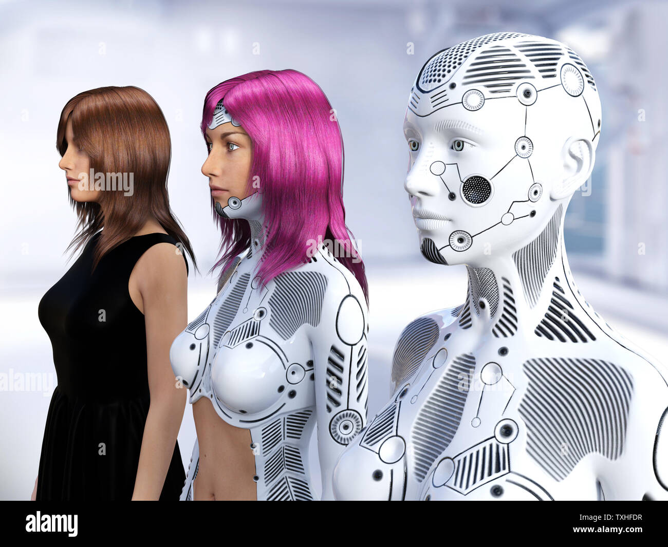 Le rendu 3D de trois femmes à différents stades de l'évolution des robots. Concept de la technologie du robot. Banque D'Images