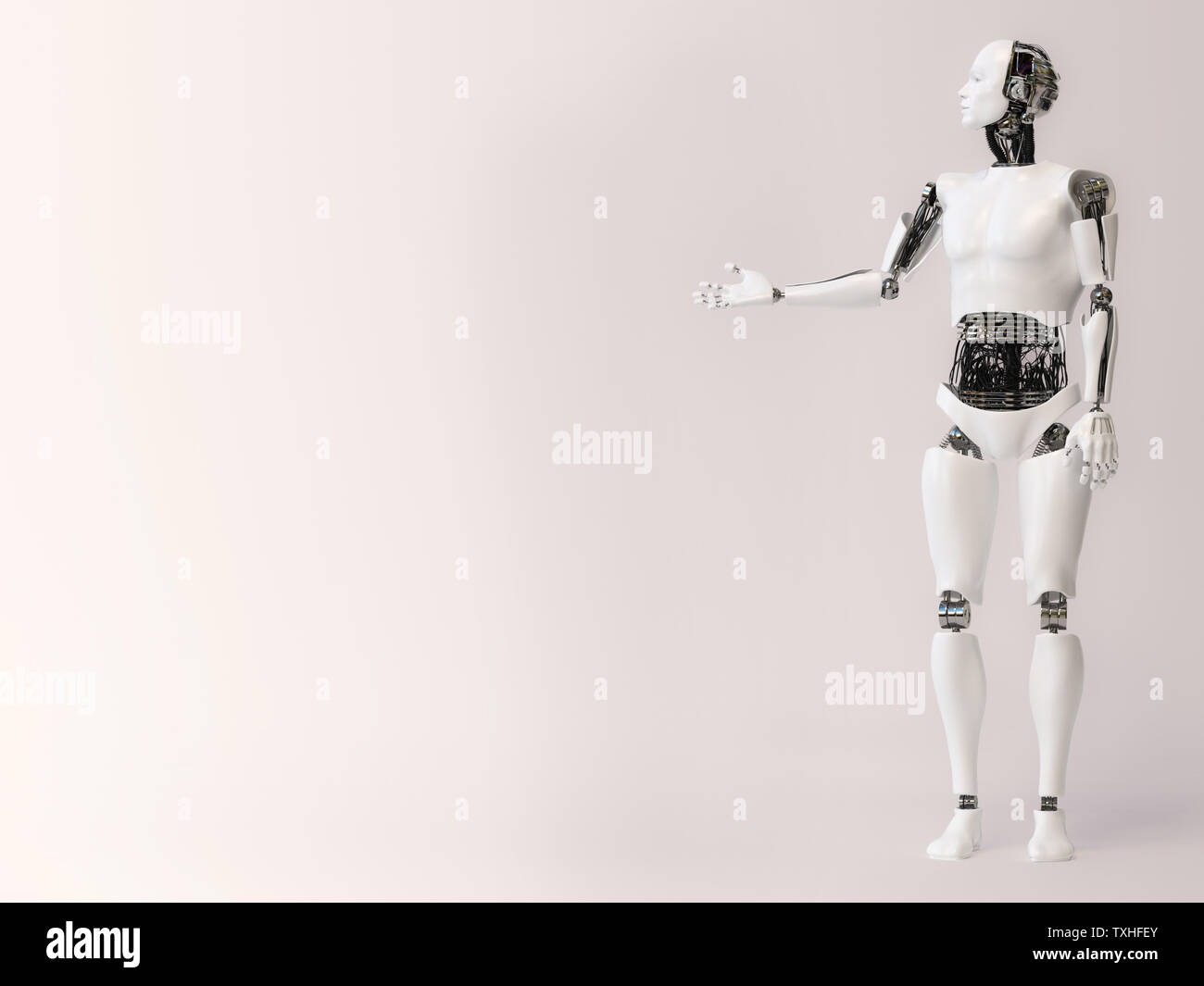 Le rendu 3D d'un robot de sexe masculin faisant une présentation, tenant son bras comme il est présenter ou montrant quelque chose. Fond gris avec copyspace pour Banque D'Images