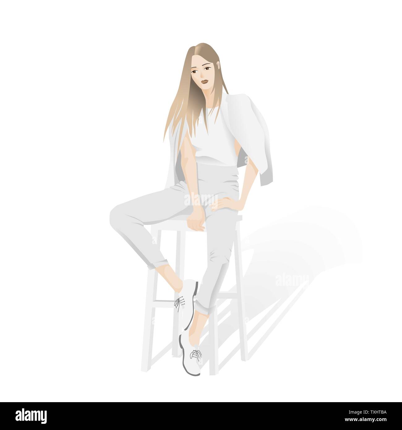 Fille à la mode dans un costume blanc assis sur une chaise. Vector illustration. Personnage dans un style plat. Illustration de Vecteur