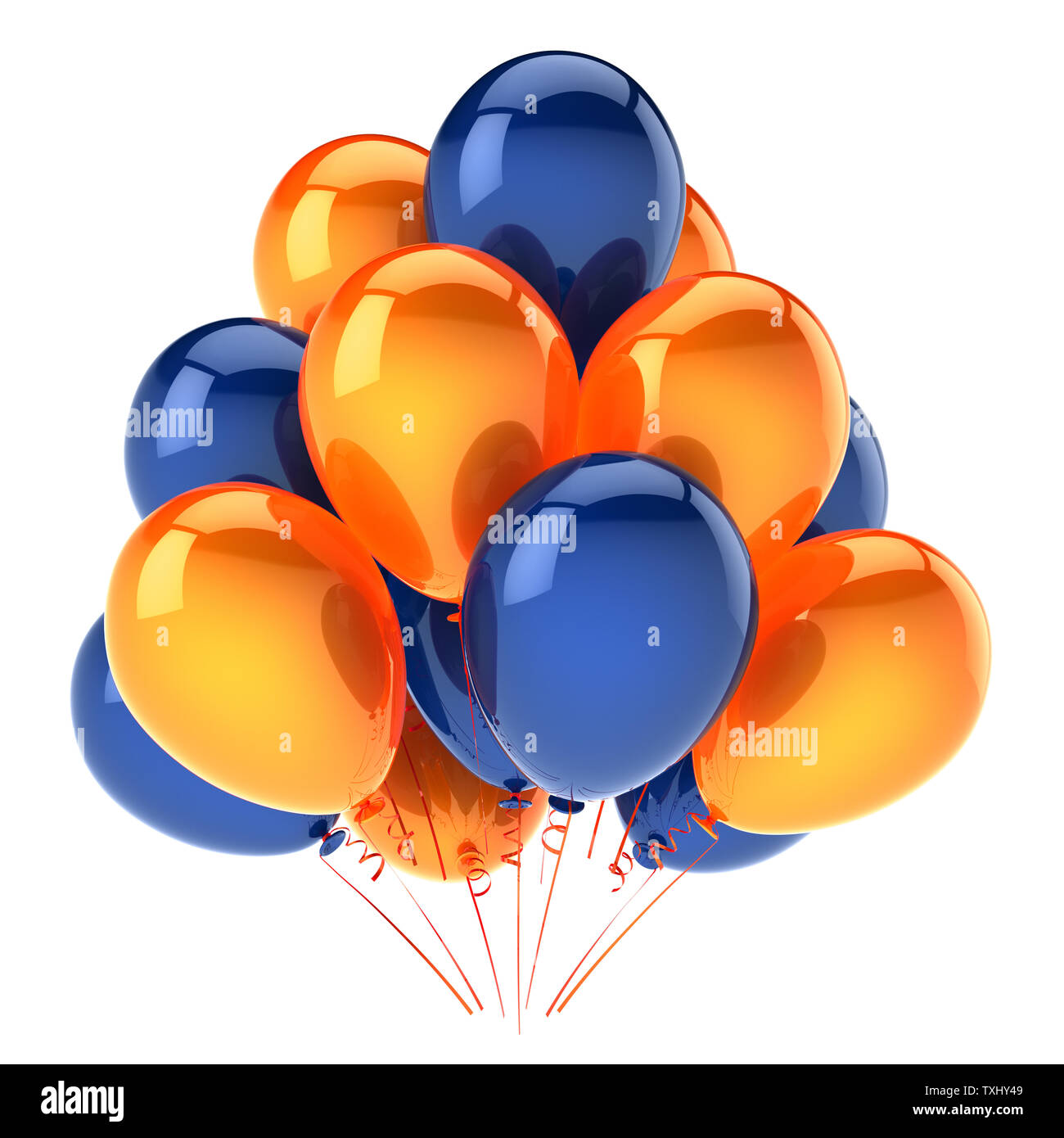 Ballons parti orange bleu coloré. hélium ballon botte décoration d'anniversaire, carnaval fête fond brillant. 3d illustration Banque D'Images