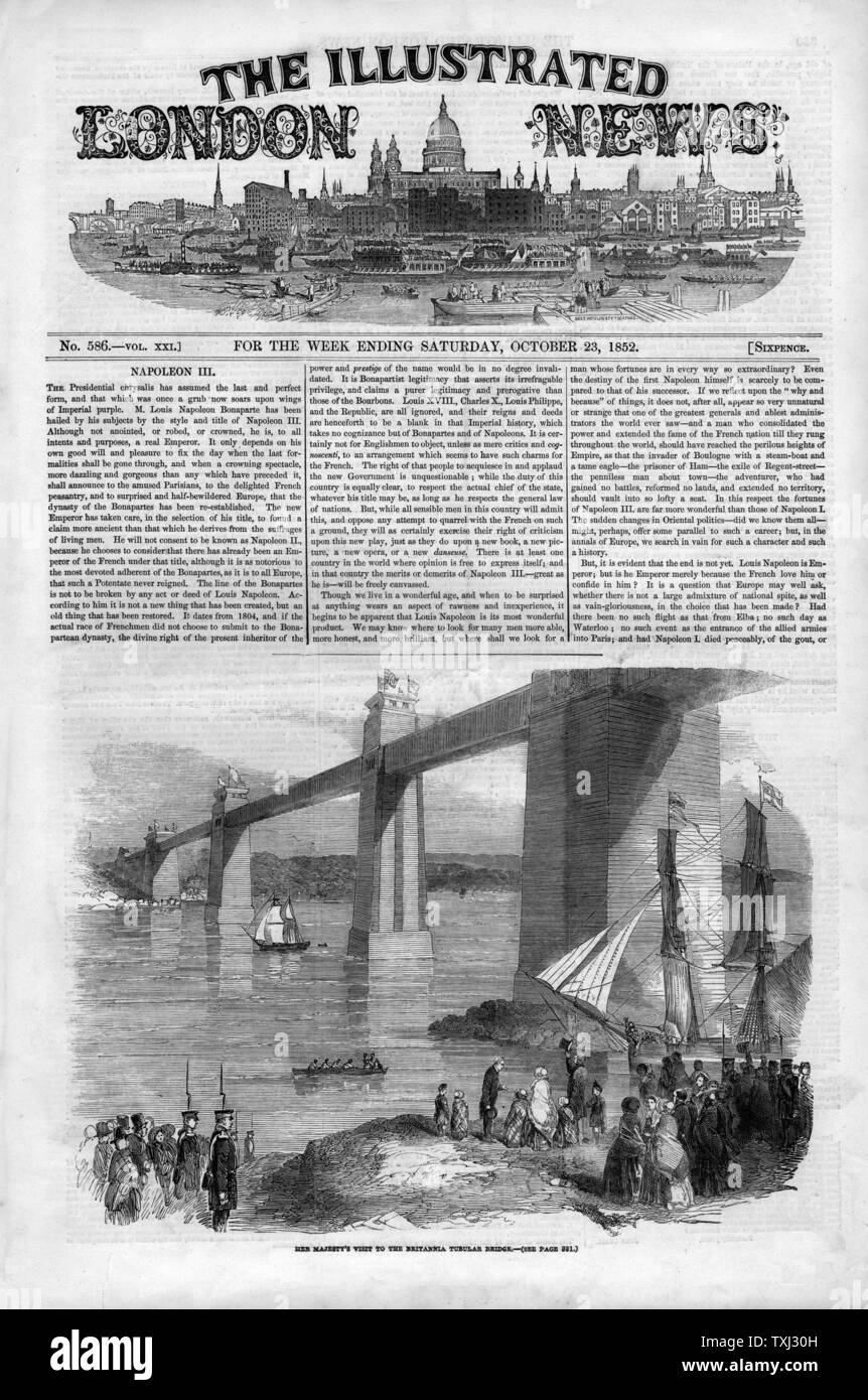 1852 Illustrated London News page avant la visite de la reine Victoria de rapports au Britannia Pont tubulaire Banque D'Images