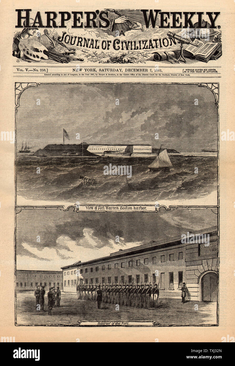 1861 Harper's Weekly front page illustration de Fort Warren, le port de Boston au cours de la guerre civile américaine Banque D'Images
