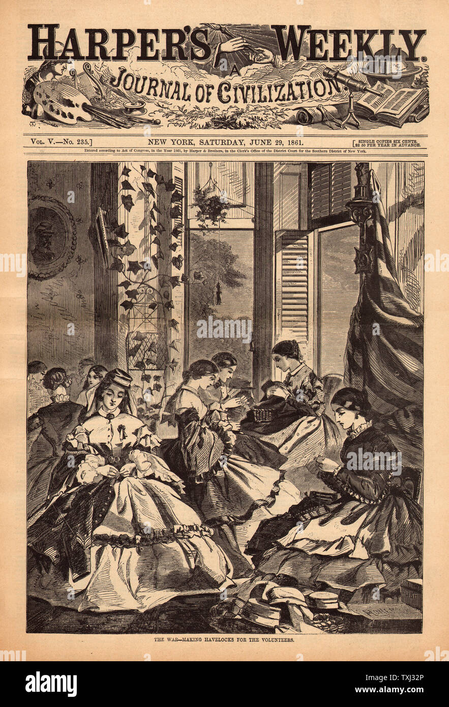 1861 Harper's Weekly première page montrant des femmes qui havelocks pour les bénévoles Banque D'Images