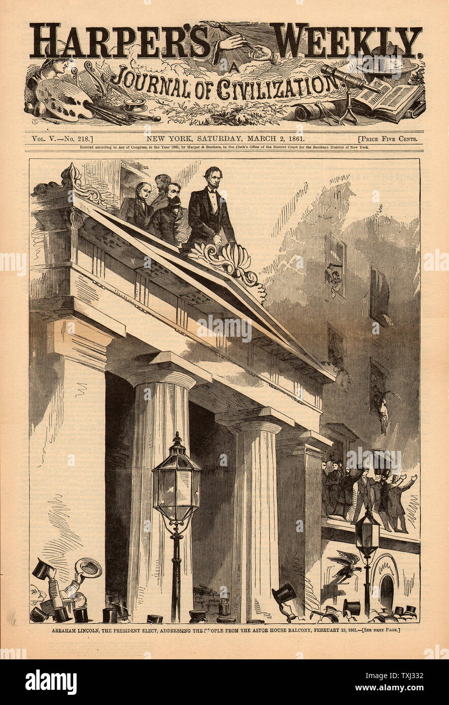 1861 Harper's Weekly front page Président élu Abraham Lincoln fait de discours à l'Astor House New York Banque D'Images