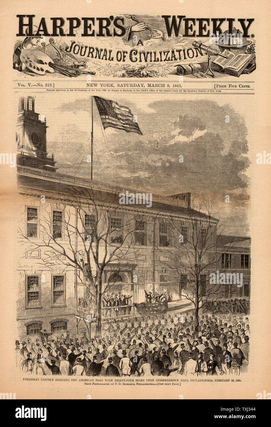 1861 Harper's Weekly front page Lincoln à Philadelphie le président Abraham Lincoln 34 palans star US Flag au-dessus de ville à Philadelphie Banque D'Images
