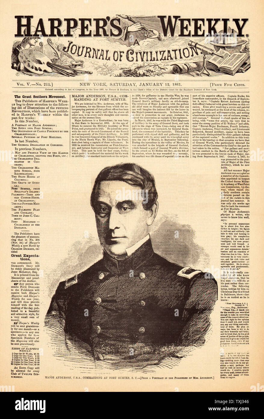 1861 Harper's Weekly front page grand commandant Anderson Fort Sumter Banque D'Images