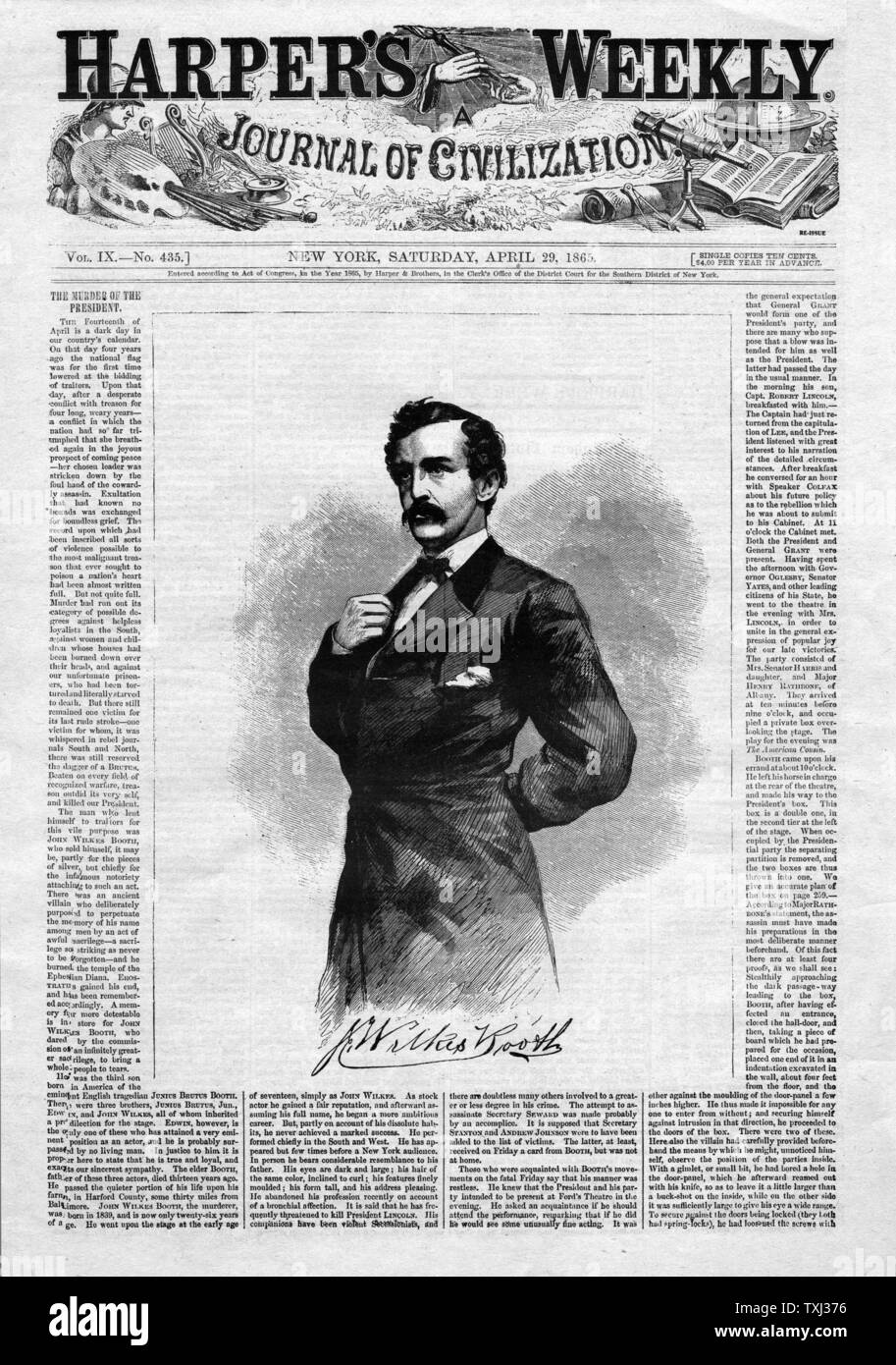 1865 Harper's Weekly front page Le président Abraham Lincoln, assassin John Wilkes Booth Banque D'Images